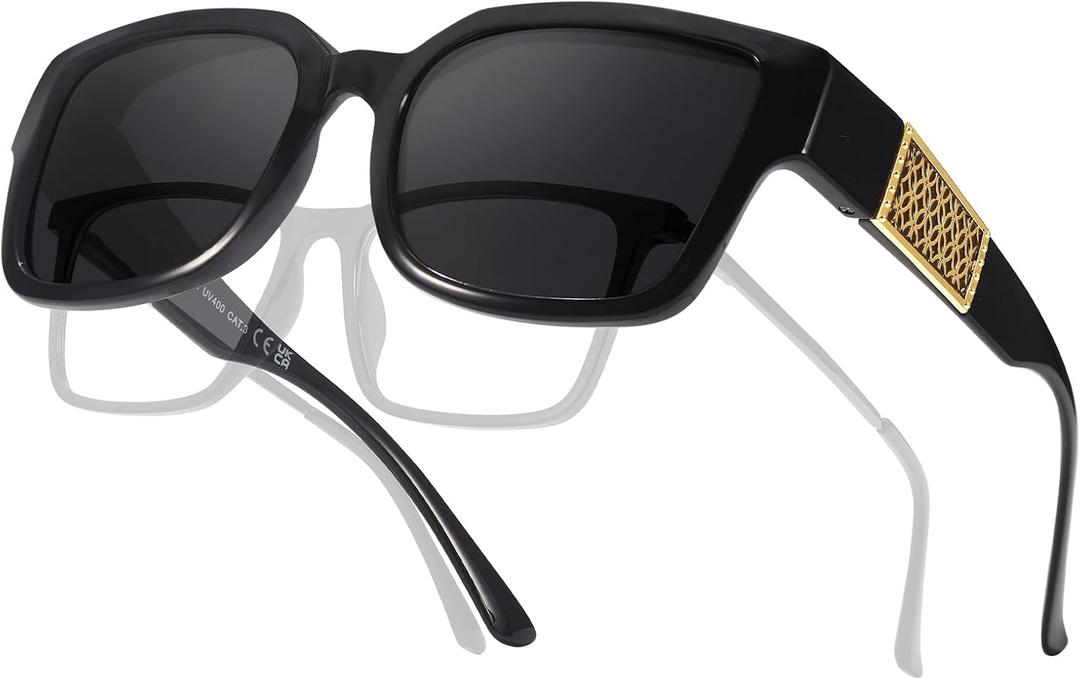 LVIOE Fit Over Glasses Sunglasses Women Men Polarized Oversized Square with UV400 Protection Shades (A01 Black Frame/ Grey Polarized Lenses)