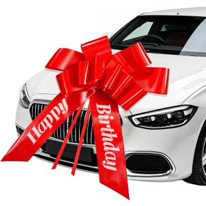 Happy Birthday Car Bow 30Inch Big Red Bow for Car Giant Large Cars Bows Red Gift Wrapping Bows with Suction Cup and Adhesive Sticker Huge Pull Bowss for Bike Present Graduation Birthday Surprise Party