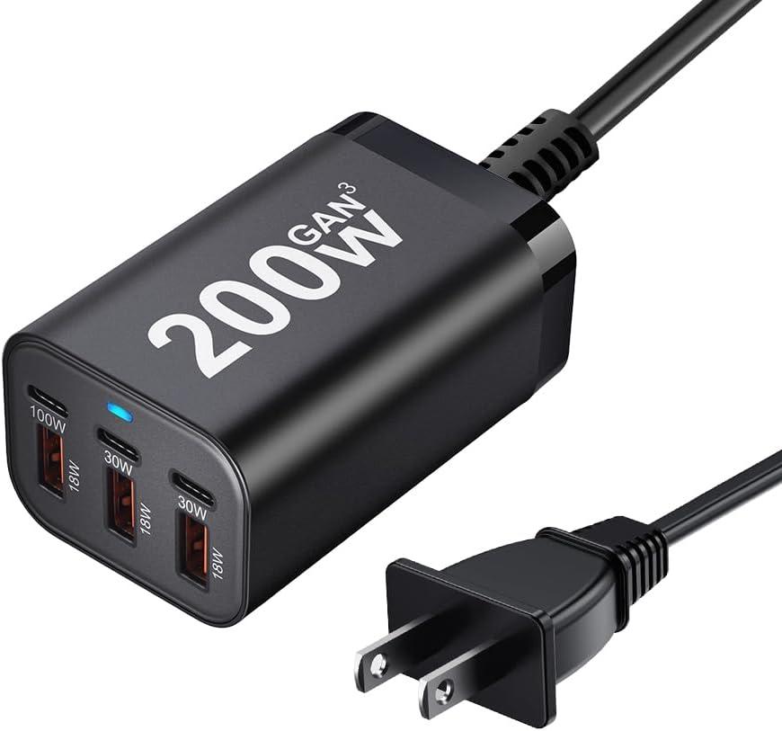 200W USB C Charge Block,6 Port PD 100W 65W 45W GaN Charger,Multi Port Fast Charging Station Hub for Multiple Devices,MacBook,iPad,iPhone,HP DELL Laptop,Galaxy Android Cell Phone