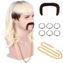 karlery Adult Men 70s 80s Rocker Mullet Long Wave Beige Blonde Dark Root Mutsache Wig with 6 Earrings and Golden Necklace Halloween Costume Cosplay Wig