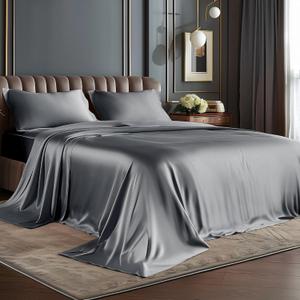 BEDELITE Satin Sheets Queen Size Bed Set, Luxury Soft Dark Grey Silky Sheets for Hair and Skin, Similar to Silk Bed Sheets Set 4 Pieces with 1 Deep Pocket Fitted Sheet, 1 Flat Sheet, and 2 Pillowcases