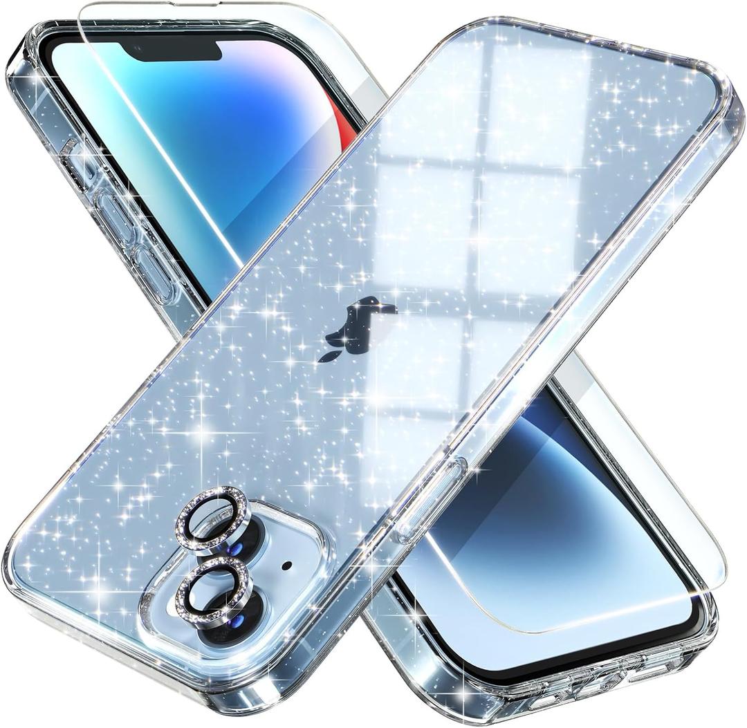 Choiche Compatible for iPhone 14 Plus Case Women Phone Case, Cute Bling Sparkly, Military Grade Drop Protection, 2 Diamond Camera Lens Covers, 2 Tempered Glass Protectors, 6.7 inch (Glitter Clear)