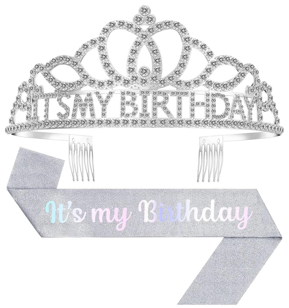 Birthday Tiara and Crown with Sash, Birthday Tiara for Women Party Silver