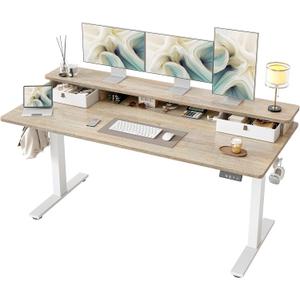 TIQLAB Standing Desk with Two Drawers, Stand Up Standing Desk Adjustable Height, Electric Sit Stand Table with Storage Shelf and Splice Board, 63 * 24 inch, Maple