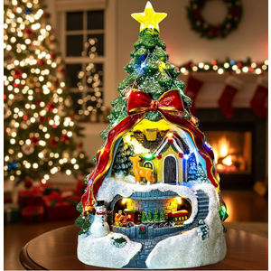 Animated Collection Figurines Musical Christmas Tree Spinning Train Deer Snowman with Rotating Train, Lighted Christmas Collection Figurines for Home Tabletop Decorations Ornaments Gifts