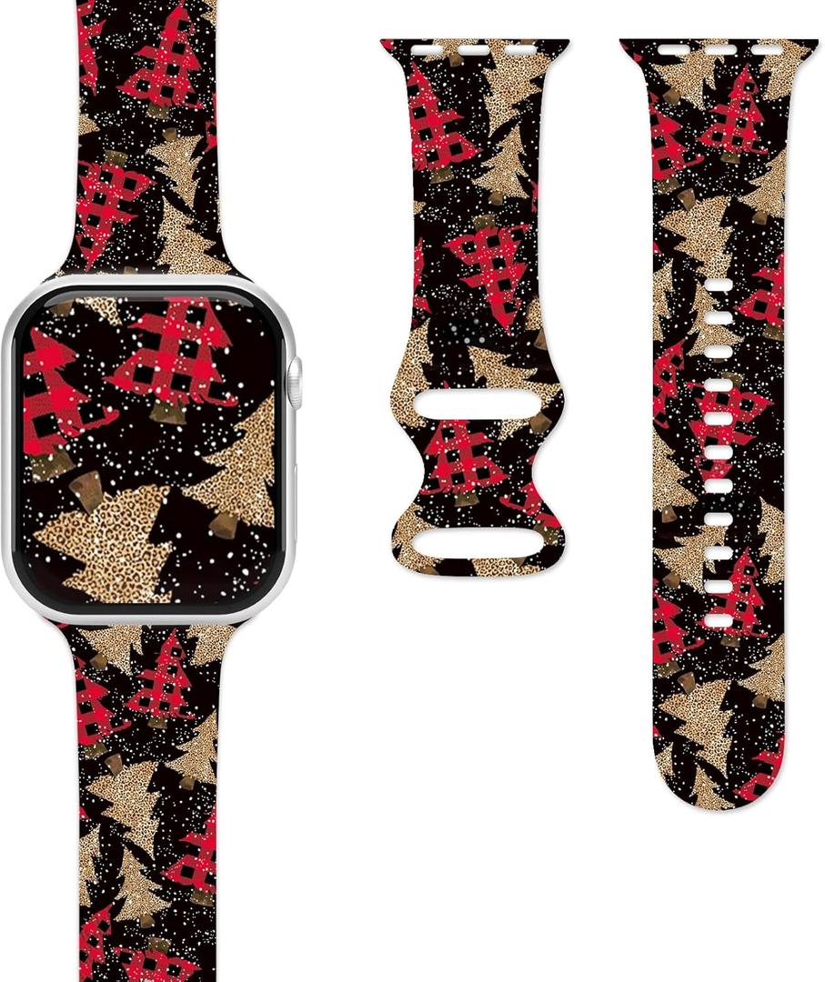 2 x Christmas Watch Bands for Apple Watch Band 38/40/41/42/44/49mm for Men Women, Silicone Waterproof Adjustable Printed Smartwatch Strap for iWatch Series 9 8 7 6 5 4 3 2 1 SE Replacement Wristband Gifts (Red Christmas Tree)