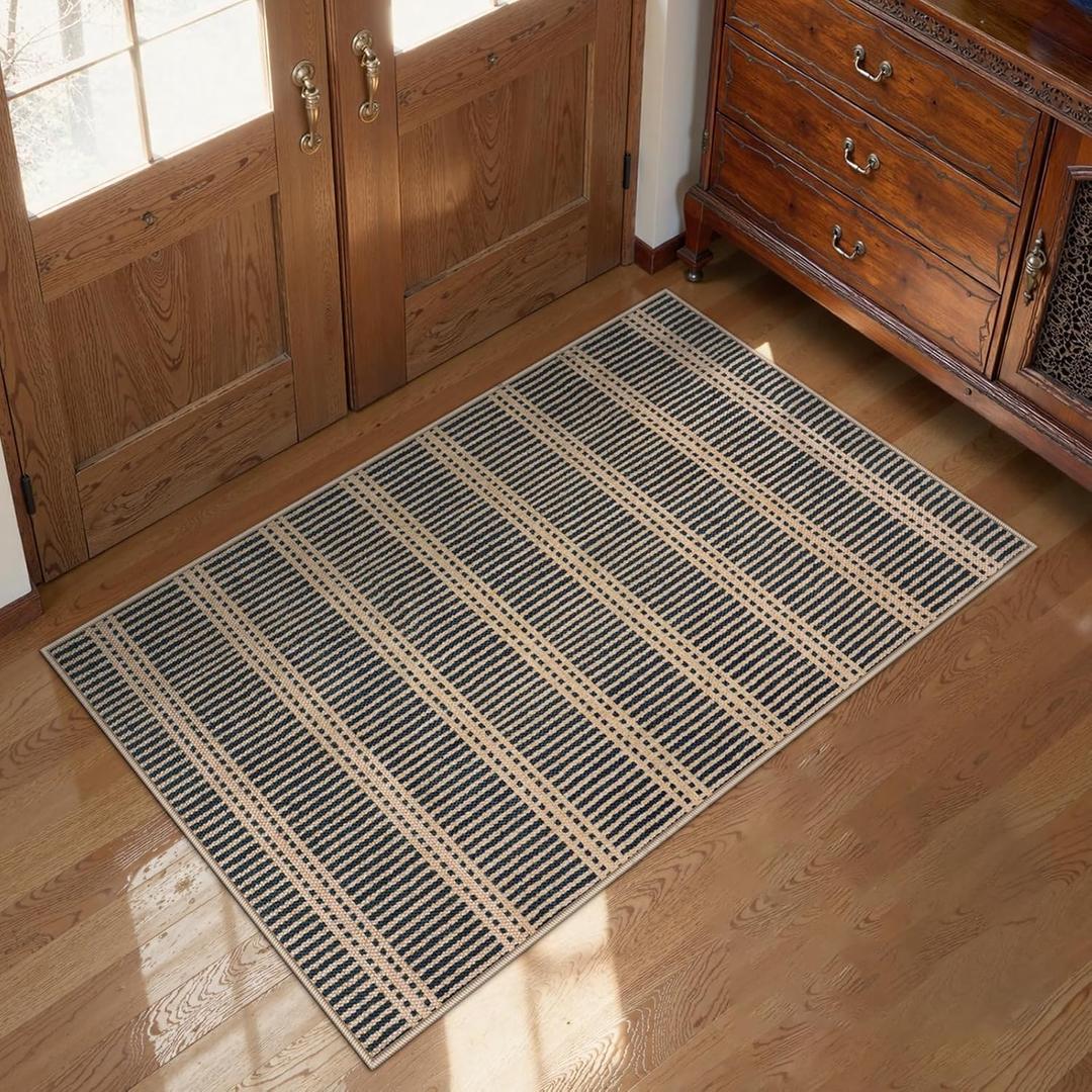 LIVEBOX Easy Jute Indoor Outdoor Rug 3x5 Front Porch, Black Striped Washable Outdoor Rugs for Entryway Living Room, Non Slip Rug Geometric Carpet Door Mat for Entry Front Door, Patio, Kitchen, Bedroom