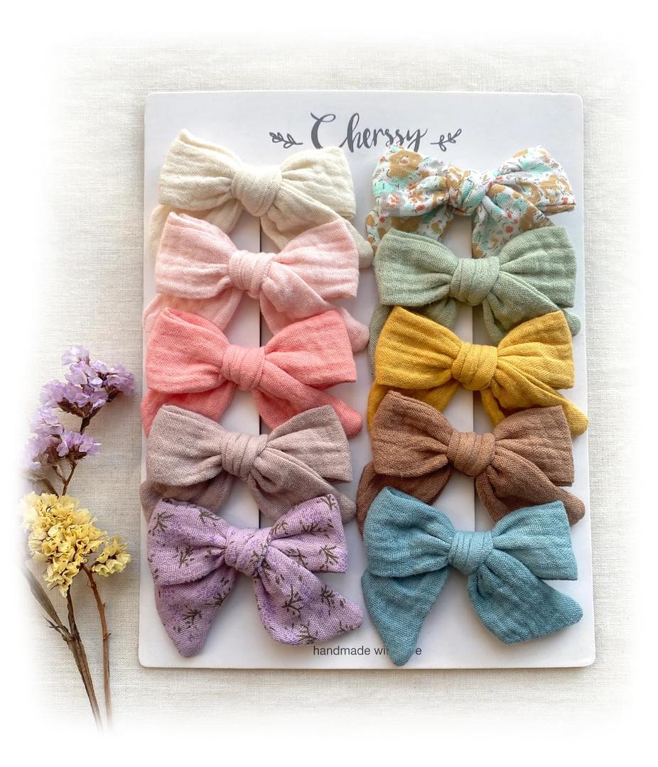 Cherssy Muslin Hair Bow Clip for Girls, 10pcs Boutique Baby Barrettes Hair Alligator Clips Accessories for Baby, Toddlers, Children, School Girls (Solid & Floral)
