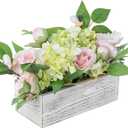 MyGift Artificial Floral Arrangement with Faux Pink Peonies, Green Hydrangea and Foliage in White Washed Solid Wood Planter Box, Tabletop Flower Centerpiece for Home Decor, Wedding, Events