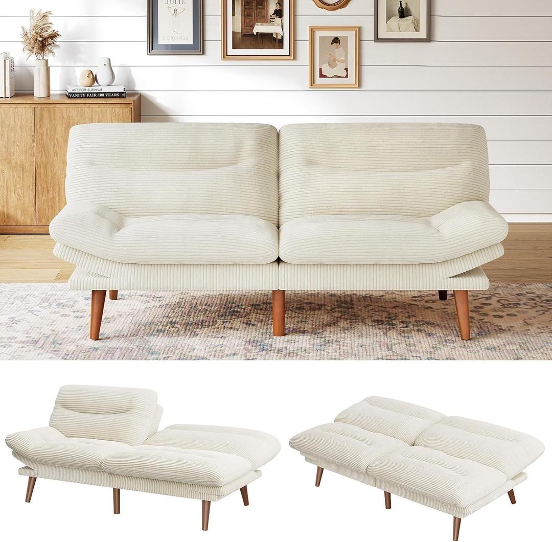 Marsail Futon Sofa Bed, Futon Couch with Adjustable Backrest & Armrests, Convertible Small Sleeper Sofa Bed for Small Apartments, Study Room, Office, Corduroy Loveseat, Beige (66 Inch)