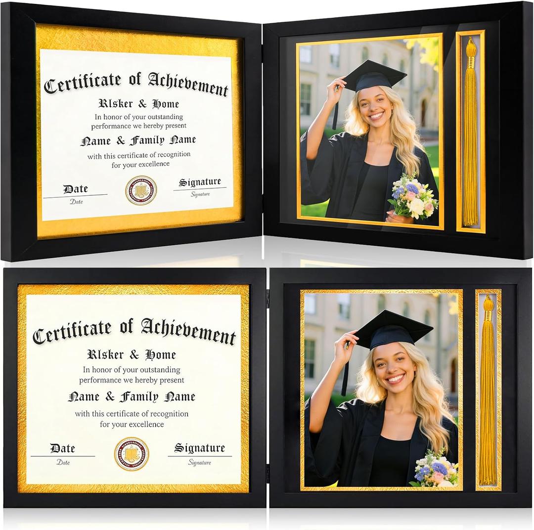 JMUQ 12x26 Foldable Diploma Frame with Tassel Holder for 8.5x11 Certificate & 8x10 Photo, 2026 Graduation Frame with Black & Gold Double Mat, HD Plexiglass for Wall or Tabletop Display, Black