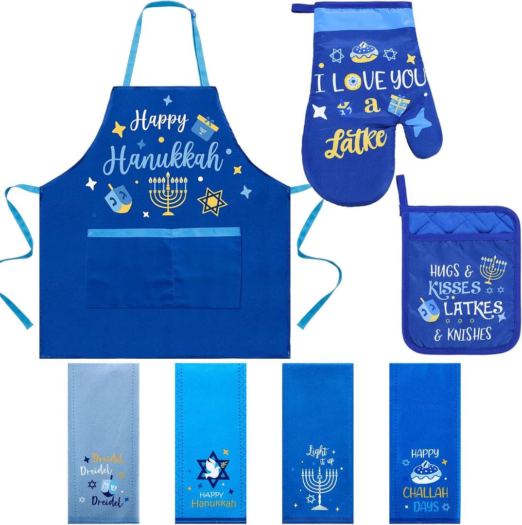 7 Pcs Hanukkah Hostess Present Hanukkah Apron Pot Holder Oven Mitts Kitchen Towels Set Chanukah Kitchen Accessories Hanukkah Cooking Gift for Women Men