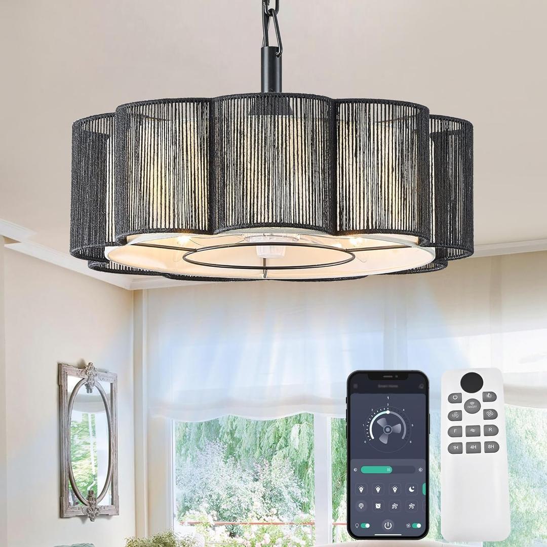 20" Rattan Boho Fandelier Ceiling Fan with Light, (Black)