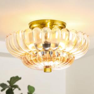 Semi Flush Mount Ceiling Light Fixture Vinatge Gold Ceiling Lights Mid Century Modern Glass Close to Ceiling Lighting Fixtures for Bedroom Hallway Foyer Bathroom Kitchen Laundry Room Nursery (Amber-(gold base))
