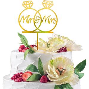 Golden Mr and Mrs Wedding Cake Toppers, Acrylic Bride and Groom Cake Topper for Wedding Anniversary Rings, Engagement Party Decorations, Premium Glod Metal
