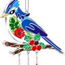 KY&BOSAM Blue Bird Suncatcher Merry Christmas Stained Glass Panel Suncathers for Windows Wind Chime Hanging Ornament with Pressed Flower and Metal Heart Charm Birthday Gift for Women Christmas Decor