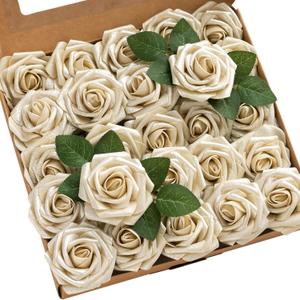Ling's moment Artificial Flowers 25Pcs Champagne Gold Roses Decor w/Stems, 3" Real Touch DIY Foam Floral for Wedding Bouquet/Centerpieces, Outdoors Party Backdrop, Room/Table, Christmas Decor