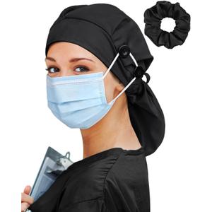 Large Satin Lined Scrub Cap for Women Long Hair Nurse Head Cap Surgical Bonnet 4 Buttons (Black)