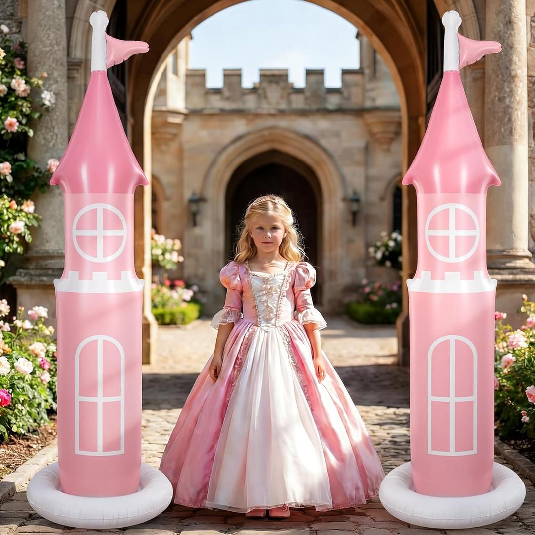 2 Pack 6.2 ft Birthday Party Decorations, Castle Inflatable Stand Castle Blow up Yard Decorations for Garden Indoor Outdoor Party Supplies(Pink, Princess)