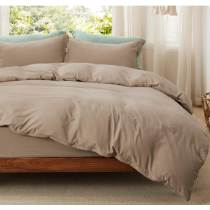 Bedsure Duvet Cover Queen Size with Fitted Sheet - 4 Pieces Prewashed Cotton-Like Extra Soft Bedding Set, Includes 1 Duvet Cover 90x90 Inches, 2 Pillow Shams, 1 Fitted Sheet, Beige