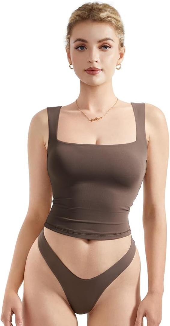 SUUKSESS Women Double Lined Square Neck Crop Tank Top Sleeveless Basic Y2k Tops, Size M