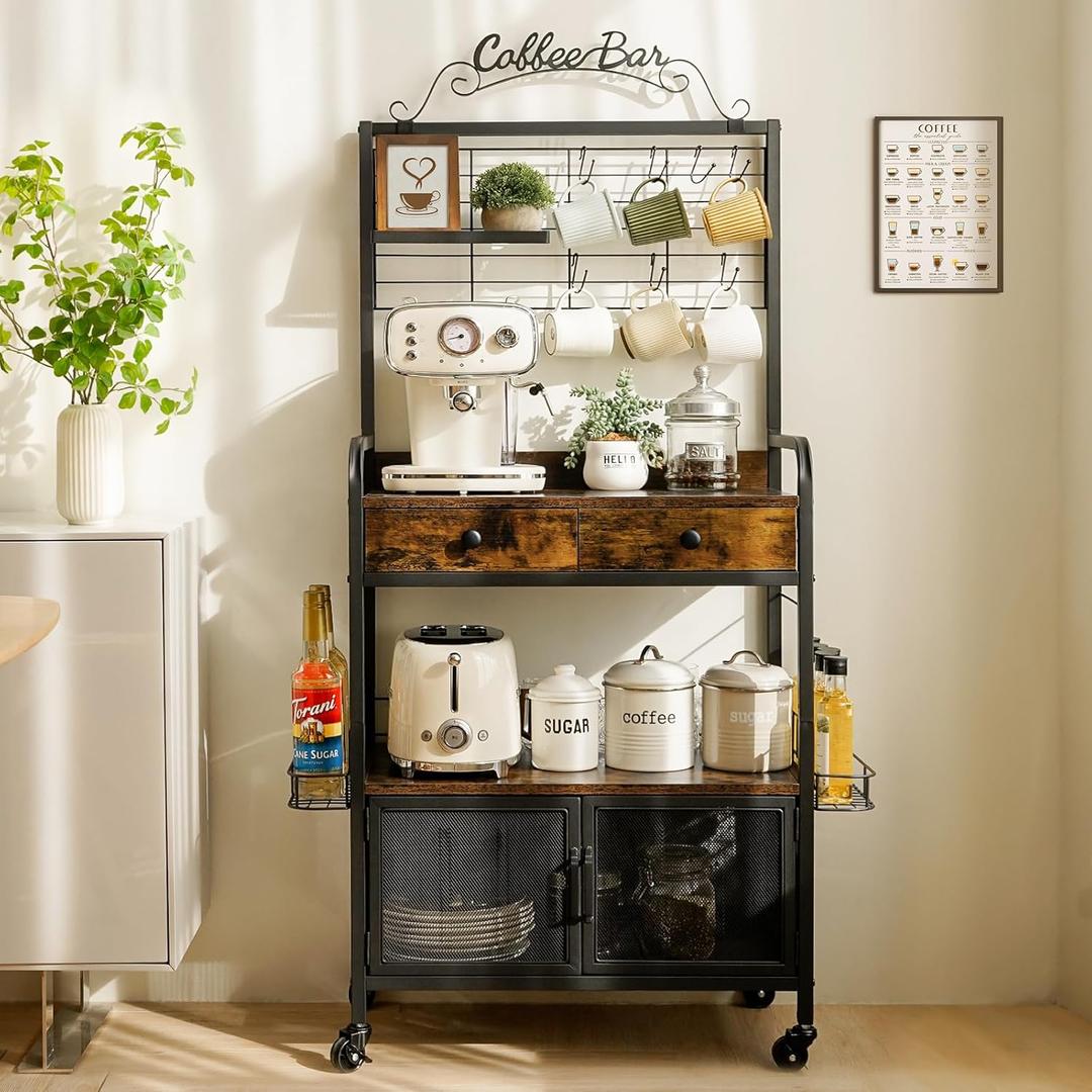 Rolling Coffee Bar Cart for Small Spaces, Coffee Station Cabinet with Storage, Apartment Coffee Nook, Side Syrup Rack, Tea Pod Drawer, Magnetic Doors, Lockable Wheels, Rustic Brown