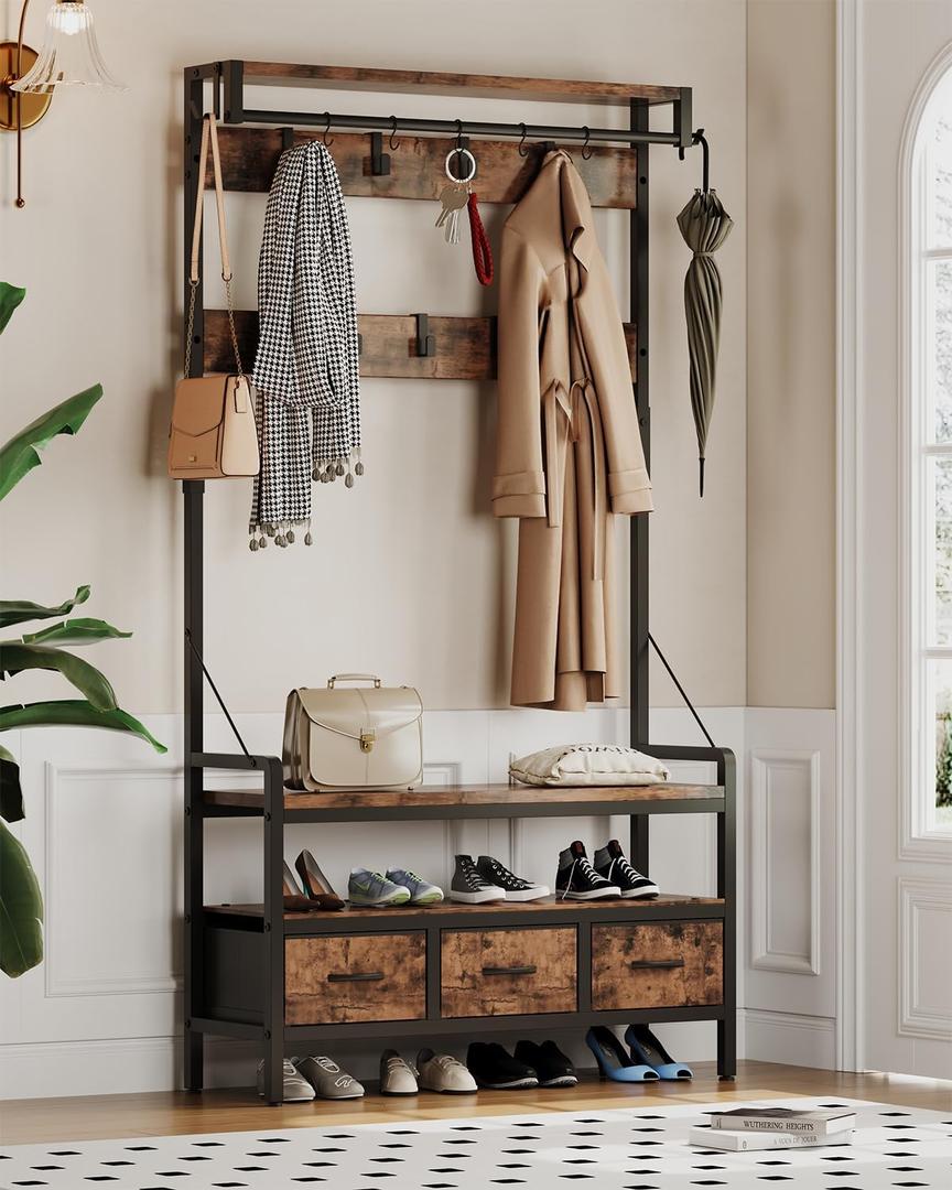 Hall Tree with Bench and Shoe Storage, Freestanding Entryway Coat Rack with 3 Fabric Drawers, 16 Hooks