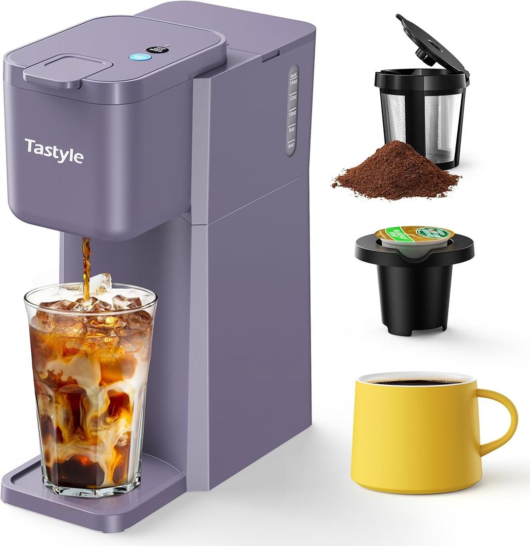 Tastyle Mini Hot and Iced Coffee Maker Single Serve, for K Cup and Ground, 6 to 14 Oz Brew Sizes, with Recipe Book, for Home, Travel, RV, Office and Dorm, Violet