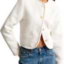 Women's Tweed Jackets Long Sleeve Crew Neck Button Down Cropped Jacket Coat with Pockets (Black, L)