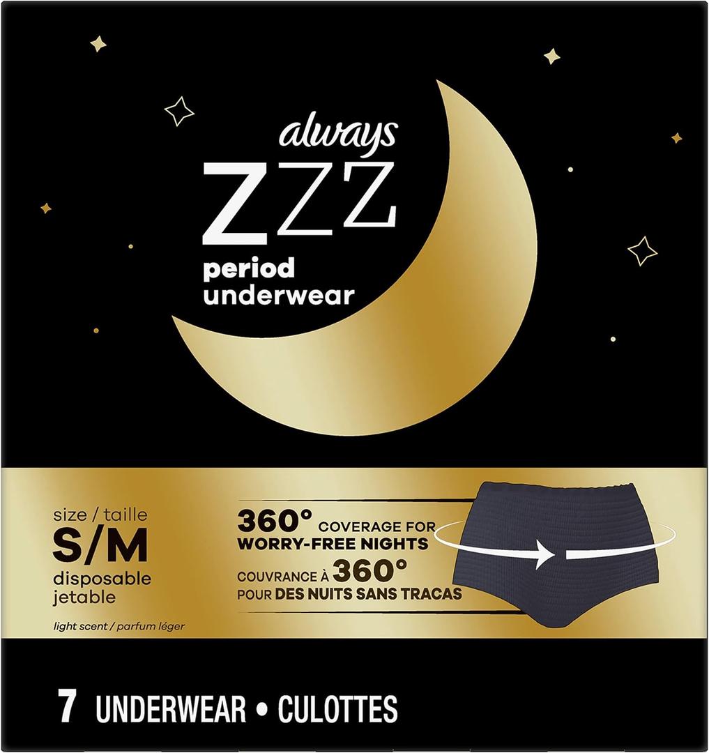 Always ZZZ Overnight Disposable Period Underwear for Women Size S/M, 360 Degrees Coverage, 7 Count