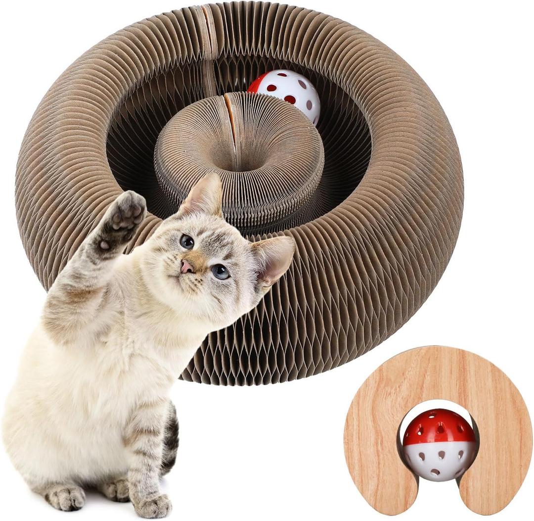 FluffyDream Magic Organ Cat Scratching Board, Interactive Scratch Pad with a Ball, Cat Scratcher for Grinding Claw, Recyclable and Durable, Furniture Protector, Retractable, Brown, Reversible