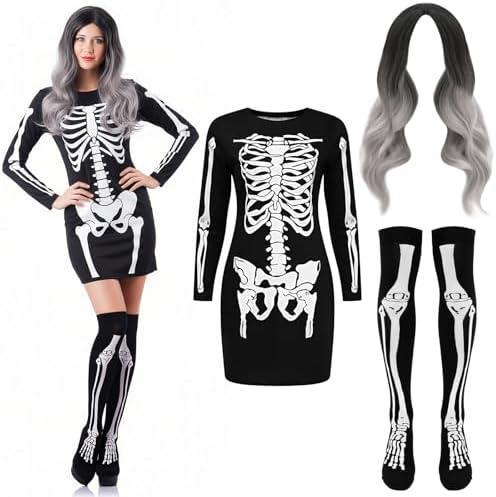 Tatuo Women Halloween Skeleton Costume Set Fun Midi Dress Stockings Silver Gray Curly Long Wig for Halloween Cosplay Party, XL
