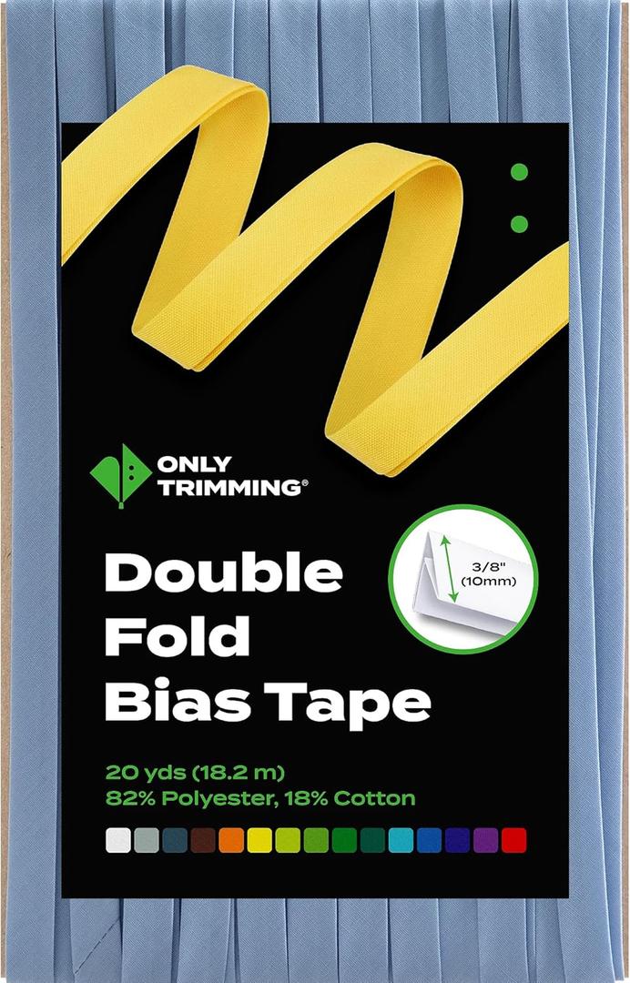 ONLY TRIMMING Double Fold Bias Tape, 3/8 Inch x 20 Yards, Poly Cotton Fabric, Soft & Durable, NonStiff, Binding Trim for Sewing, Seaming, Hemming, Piping, Quilting and Crafts (Medium Blue)