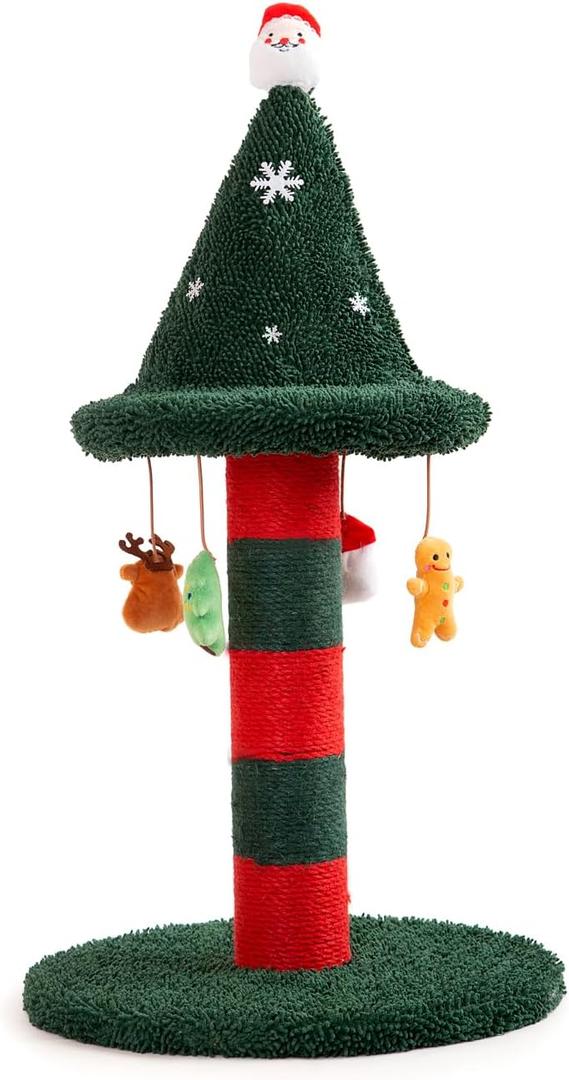 LUCKITTY Cat Scratching Post with 4 Hanging Plush Toy - Christmas Tree Alternative Give Your Cat a Toy and Scratching Post in One with This Ultimate Tree 30 * 15 Inch Red Green
