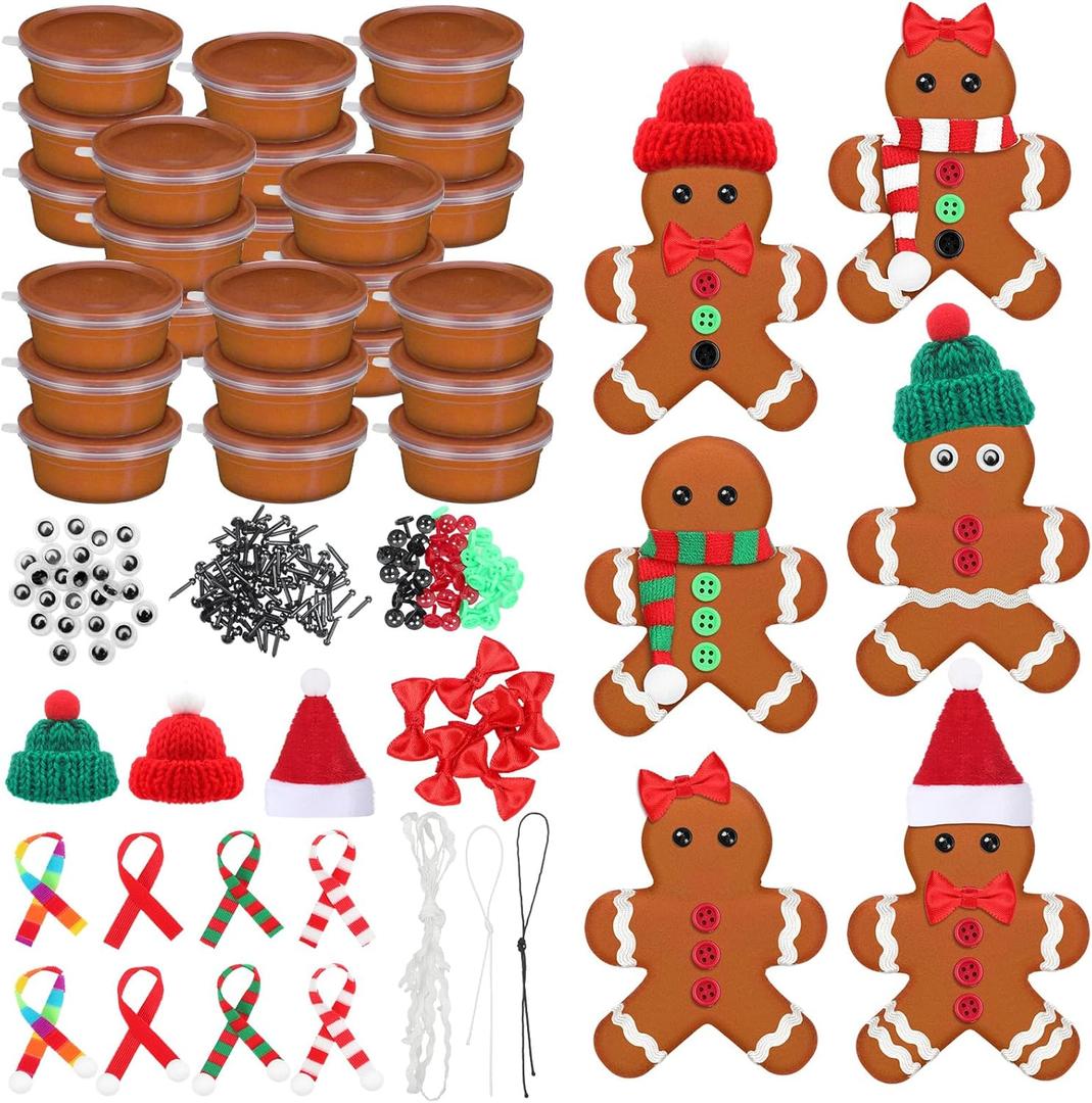 Shappy 24 Pack Christmas Gingerbread DIY Craft 255 Pcs Build Gingerbread Craft Kit Christmas Decoration Air Dry Modeling Clay for Winter Party DIY Gift Indoor Outdoor Holiday Decoration