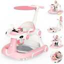 Baby Walker with Wheels, 7-in-1 Foldable Baby Walkers for Boys Girls 6-12 Months with Feeding Tray & Music, Lights,Rocker,Sun Canopy, Bouncing Pedal, Adjustable Wheel Speed, Push Walker (Pink)