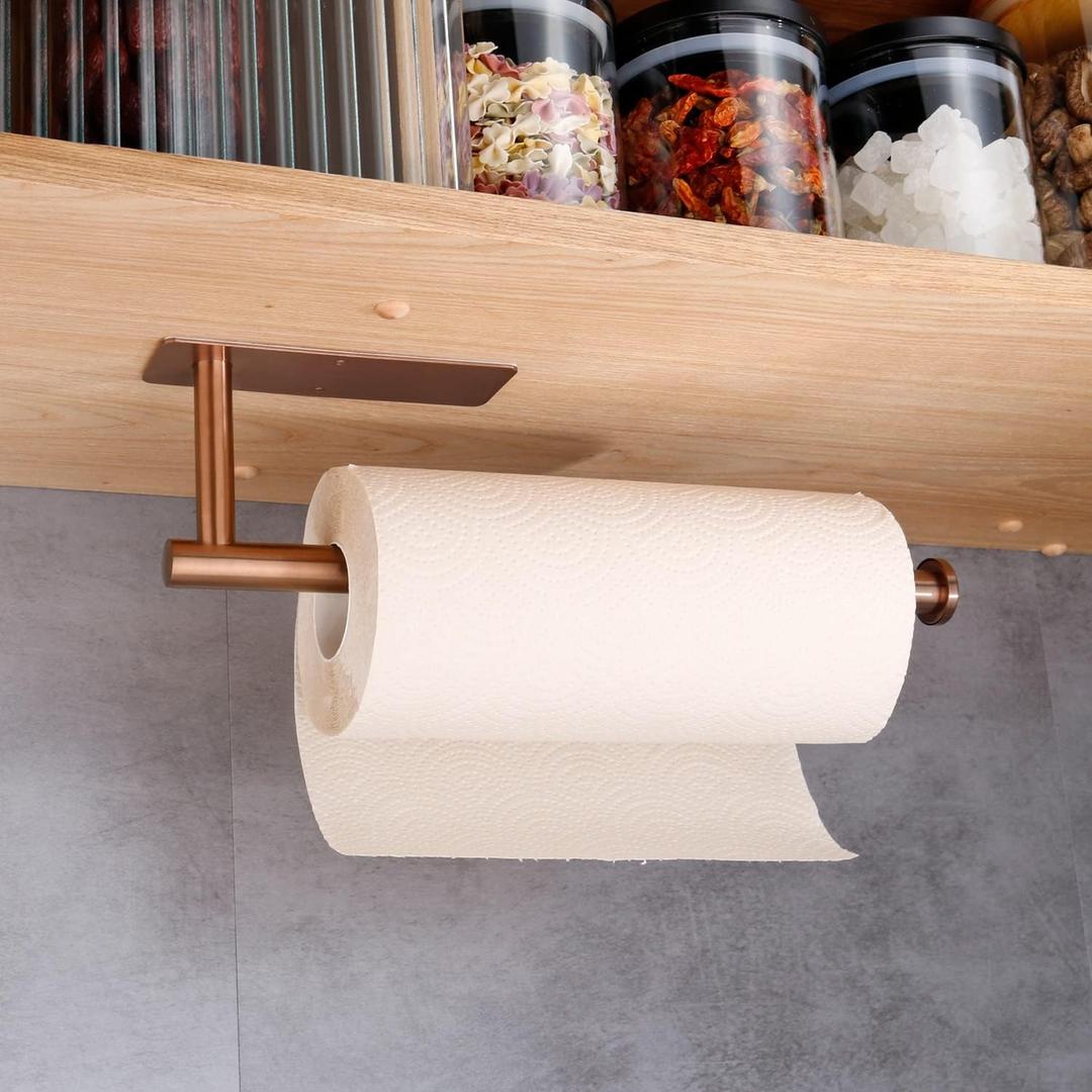 Paper Towel Holders, Paper Towels Rolls - for Kitchen, Wall Mounted Paper Towel Roll Holder for Kitchen, Bathroom, Both in Adhesive and Screws, Stainless Steel-(Rose Gold)