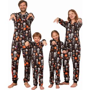 VNVNE Matching Halloween Onesie Pajamas for Family/Couples/Women/Men, Skeleton Holiday One Piece Adults Pjs Sleepwear (6-8 Years, Black Skull)