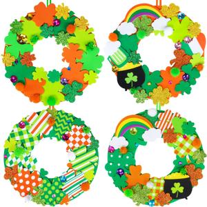 Winlyn 12 Sets St. Patrick's Day Shamrock Wreath Sign Decorations Foam St. Patrick's Day Craft Kits Lucky Shamrock Four-Leaf Clover Rainbow Foam Stickers for Kids Party Favors Classroom Activities