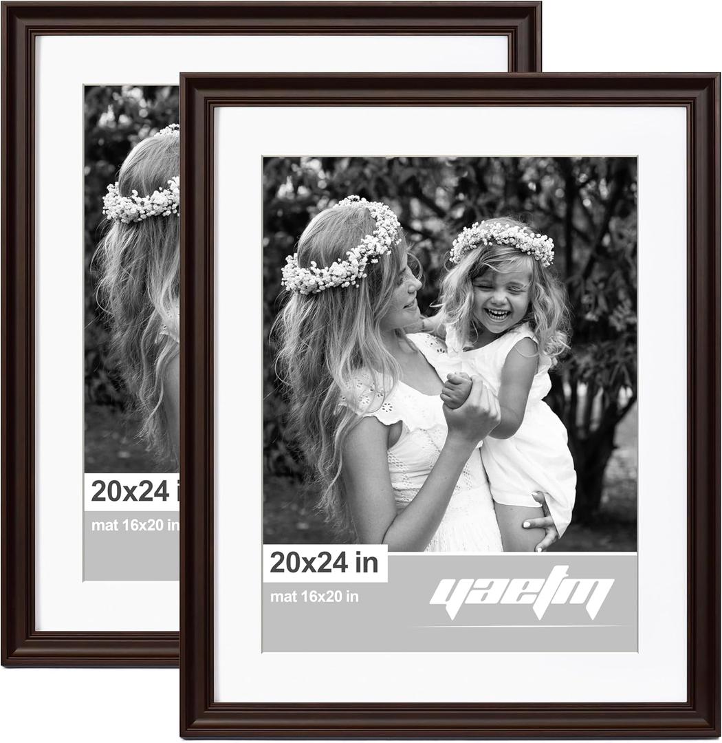 Yaetm 20x24 Picture Frame Matted to 16x20 Set of 2, 1.4" Wide Molding & Dark Brown Poster Frames for Wall Gallery, Home, Office, Wall Mount (2 pack, Brown)