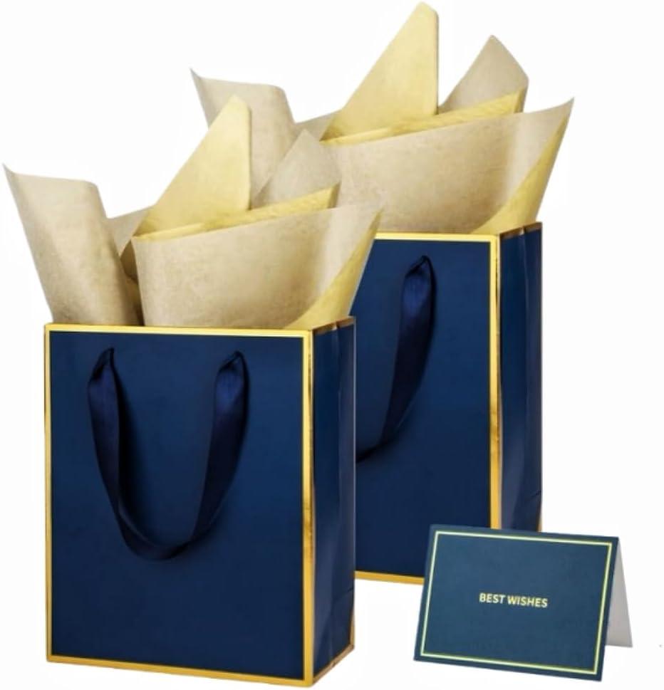 UoeRing 12 Pack Thank You Gift Bags with Handles 9.5x7.5x3.75 inch Gift Bags Medium Size Gift Bag with Tissue Paper and Card for Wedding Birthday Bridesmaid Holidays Mother's Day (Navy Blue)