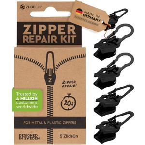 Zlideon Universal Zipper Repair Kit for Plastic & Metal Zippers Multipack - 5pcs, Black | Instant Zipper Pull Replacement Slider for Denim, Jacket, Winter Coat | Easy to Install | Made in Germany
