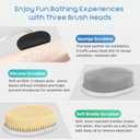 3-in-1 Flexible Up-Down Back Scrubber for Shower for Men & Women, 3 Detachable Back Brush Heads (Silicone/Sponge/Bristle), Ergonomic Long Handle Body Scrubber for Body Cleaning & Exfoliation (White)