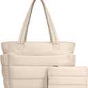 TOPDesign Puffer Tote Bag for Women, Lightweight Puffy Handbag with Compartments, Quilted Shoulder Bag for Work, Travel, Gym (Medium, Beige)