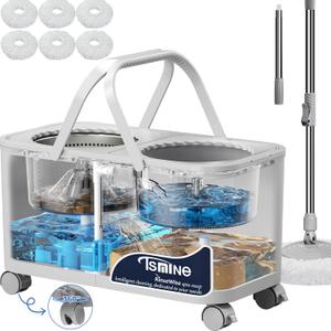 Compact Spin Mop for Apartments & Small Spaces, Clean & Dirty Water Separation Mop Bucket for Pet Owners & Daily Cleaning,360 Swivel Wheels, Safe for Hardwood & Tile, Adjustable Handle, 6 Mop Heads