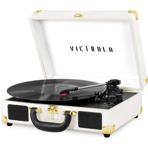 Victrola Journey Bluetooth Portable Suitcase Record Player with Built-in Speakers, 3 Speed Vinyl Record Player, RCA Out, Headphone Jack (White)