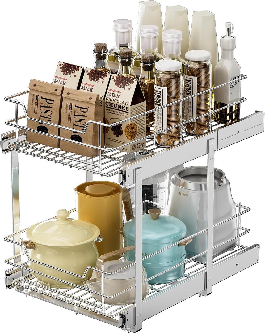 EZKAZA Pull Out Cabinet Organizer for Kitchen Utensil 14.5" W x 21" D, 2-Tier Cabinet Pullout Shelves and Drawer Organizer Slide Out Pantry Storage Basket, Bottom Basket 13.2" W x 20.4" D x 4.7" H
