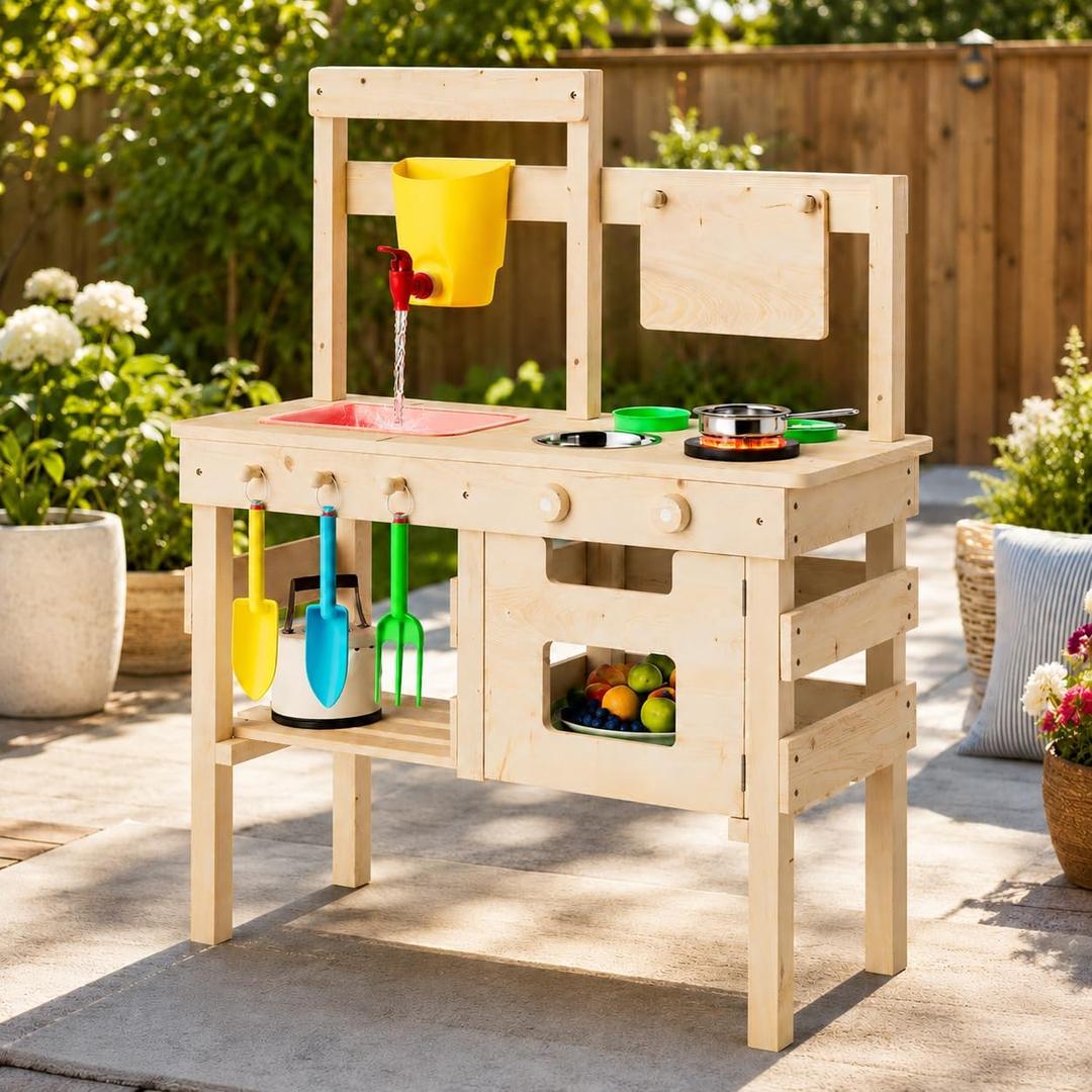 Outdoor Play Kitchen for Kids, Mud Kitchen with Water Faucet, Dual-Sided Chalkboard, Storage Shelves, Cups, Removable Sink, and Pretend Stove – Backyard Toddler Playset for Boys and Girls, 5.5 x 32 x 14 inches