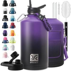 1 Gallon Water Bottle Insulated | Thickened Stainless Steel Vacuum Metal Water Jug | Portable Sports Large for Gym and Hiking with Straw, Carrier Bag, Handle Strap | BPA-Free 128 oz (Purple/Black)
