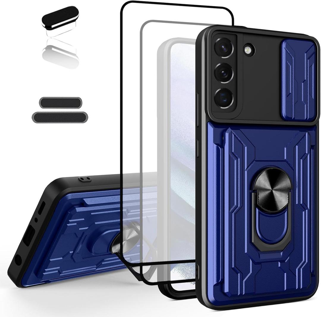 Wallet Case for Samsung Galaxy S22 6.1 Inch, Credit Card Driver's License Slot Sliding Door Hides Portable Design, Double Layer Hybrid Military Grade Rugged Shock Resistant Drop Case (Blue)